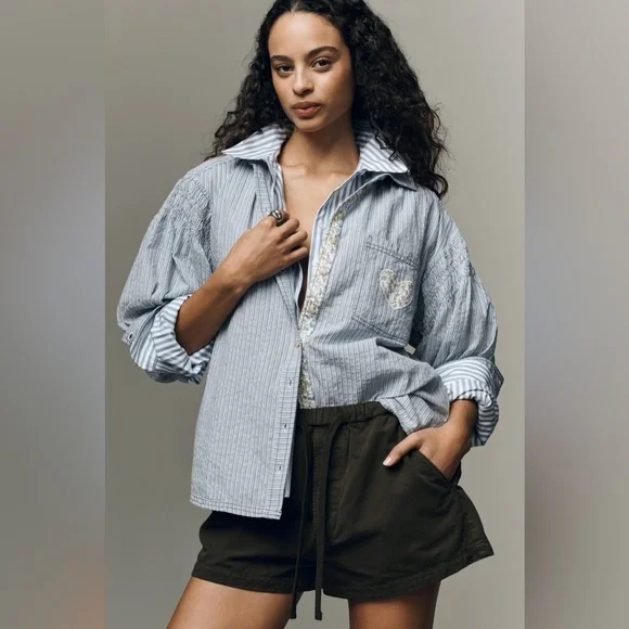 Pilcro Anthropologie Blue Striped Button Down Shirt Heart Patch Preppy Top XXS - Picture 1 of 7